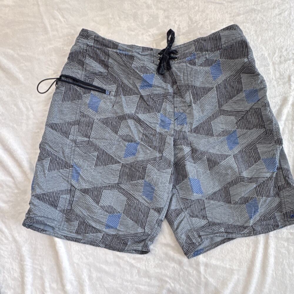 Patagonia Board Shorts Gray Blue Geometric Zipper Pocket Drawstring 9" Inseam